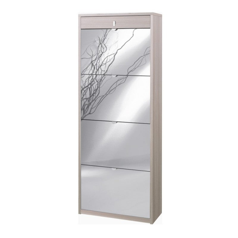 Étagère à chaussures avec quatre portes miroir et un tiroir supérieur en Light Olmo 63x29x h164 cm