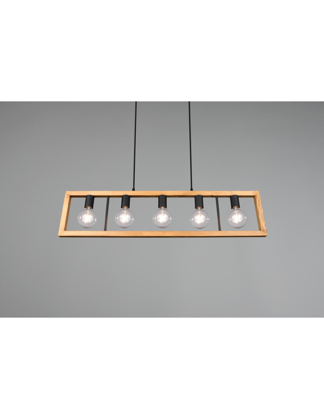 Lustre Cage Rectangulaire Agra en Bois 5 Lumières Bois Naturel et Éclairage Trio Noir