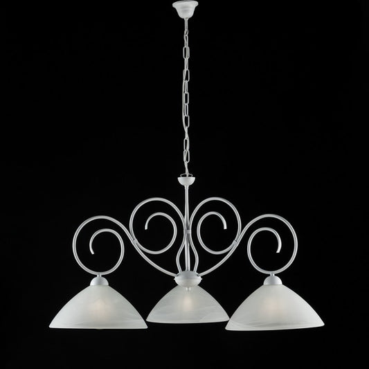 Lustre en fer blanc Shabby à trois lumières et abat-jour en verre blanc 78x h54 cm
