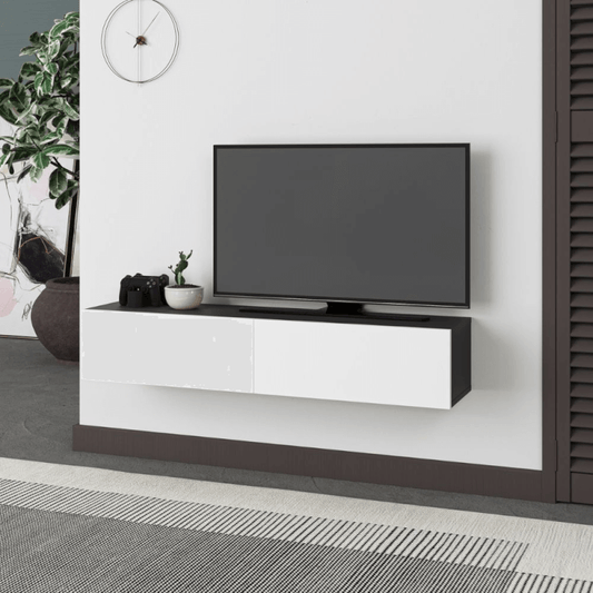 Meuble TV suspendu Francy blanc anthracite avec portes abattantes