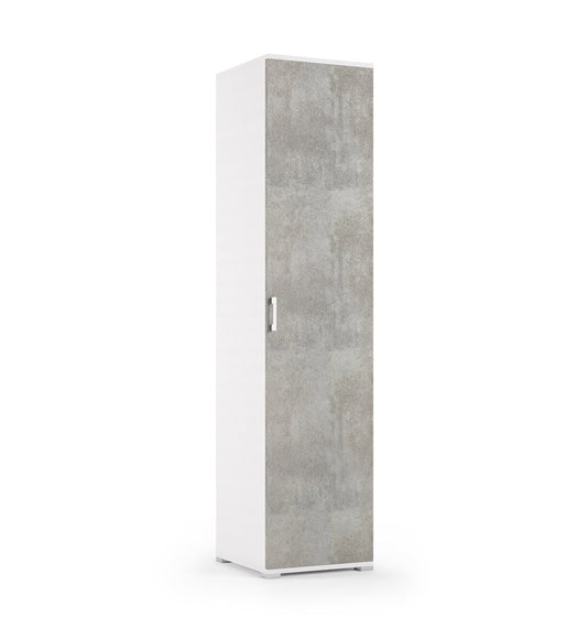 Armoire avec porte simple et quatre tablettes réglables, portes en béton blanc