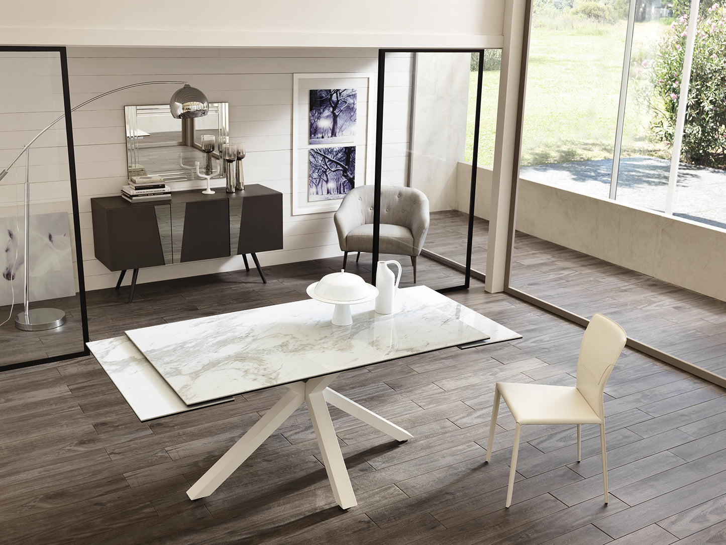 Table extensible blanc-céramique marbre blanc 90 cm x 160-240 cm H. 76 cm