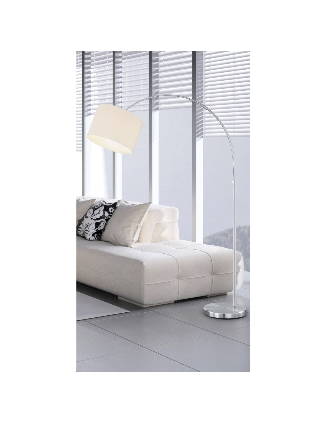 Lampadaire Arqué Hôtel 1xE27 Abat-Jour Nickel Tissu Blanc Trio Éclairage