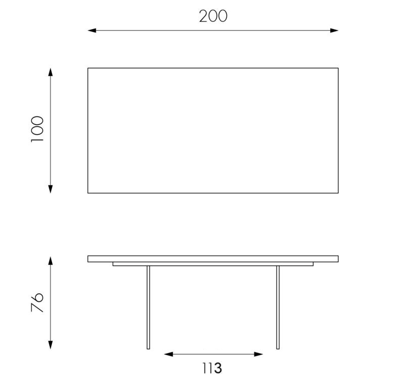 Table fixe en chêne traité thermiquement et pieds en verre transparent 100x200x76h cm