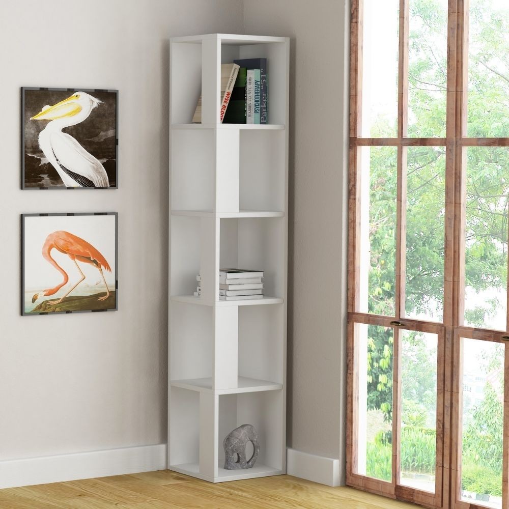 Bibliothèque d'angle piano blanc 5 étagères 31,4x31,4x158,9