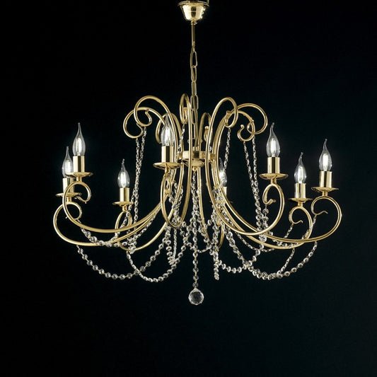 Lustre huit lumières en fer doré avec strass 74x h58 cm