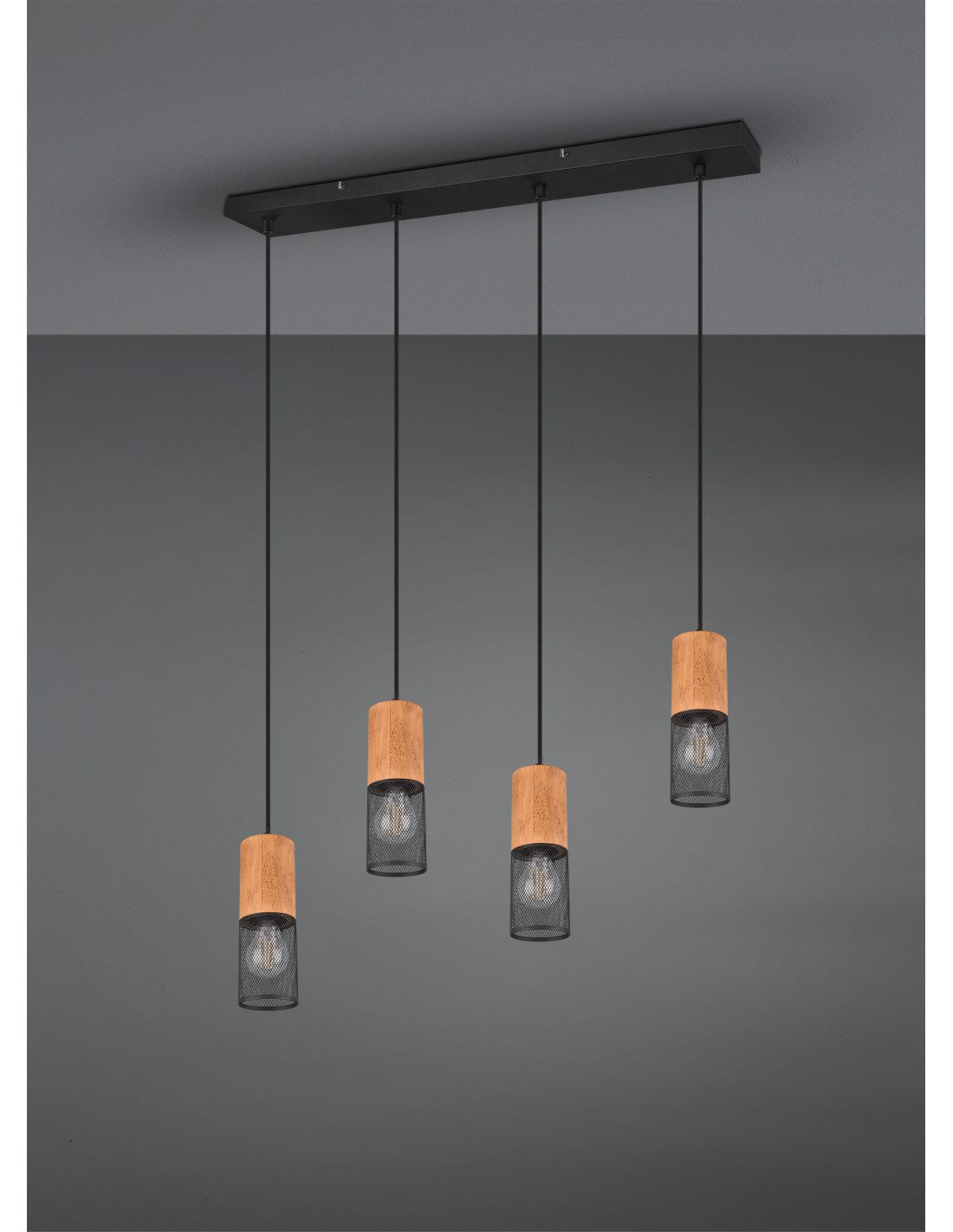 Tosh Suspension Noir 4xE27 Cage Bois Et Métal L65 cm Trio Luminaire