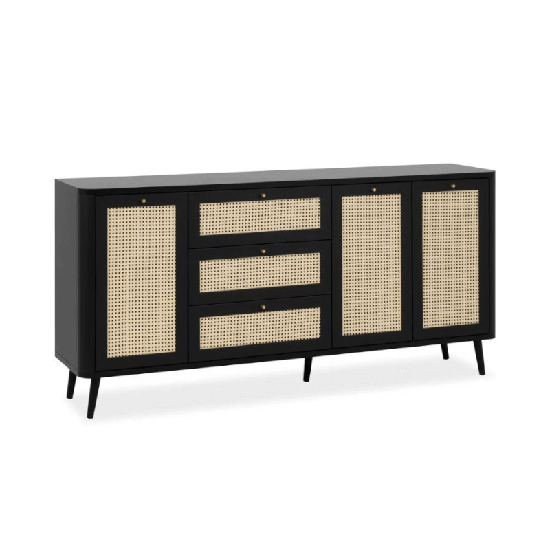 Buffet noir KUTA51A avec 3 tiroirs et 3 portes effet raphia