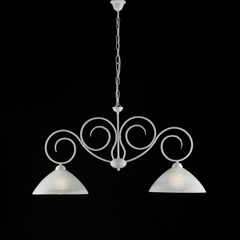 Lustre Shabby en fer blanc à deux lumières, abat-jour en verre blanc 99x h52 cm