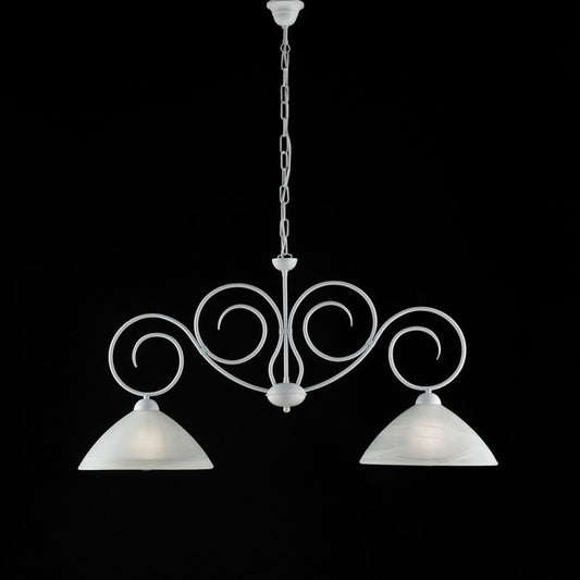Lustre Shabby en fer blanc à deux lumières, abat-jour en verre blanc 99x h52 cm