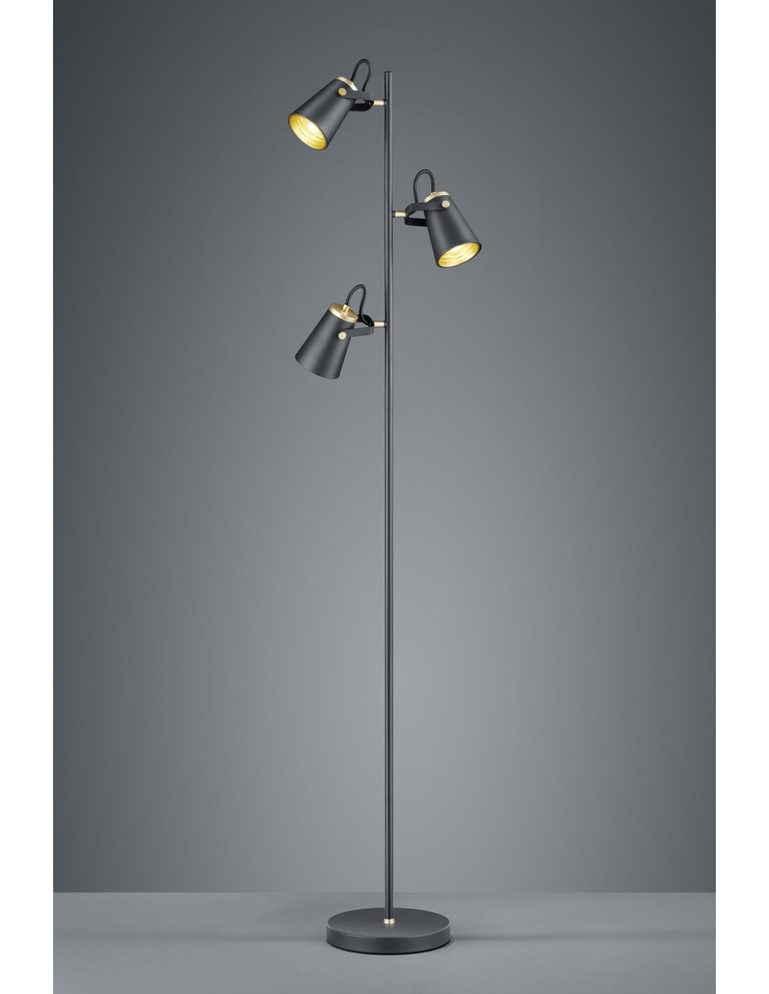 Lampadaire Minimal 3 Cônes Ajustables Edward H160 cm Noir et Doré Trio Lighting