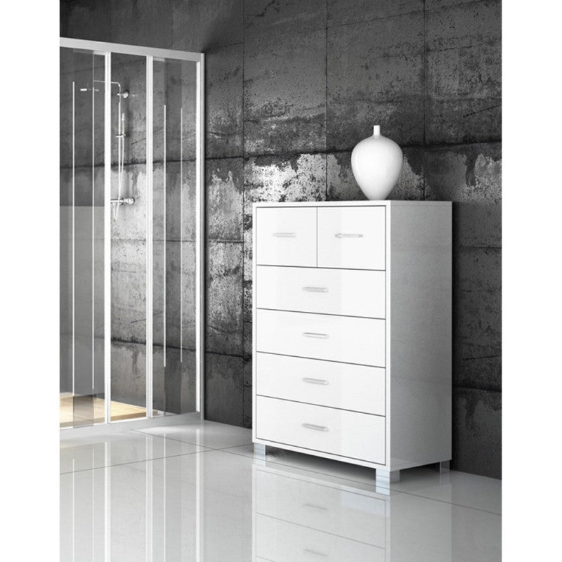 Commode haute pour chambre à coucher avec six tiroirs Frêne Blanc 70x41x h112 cm