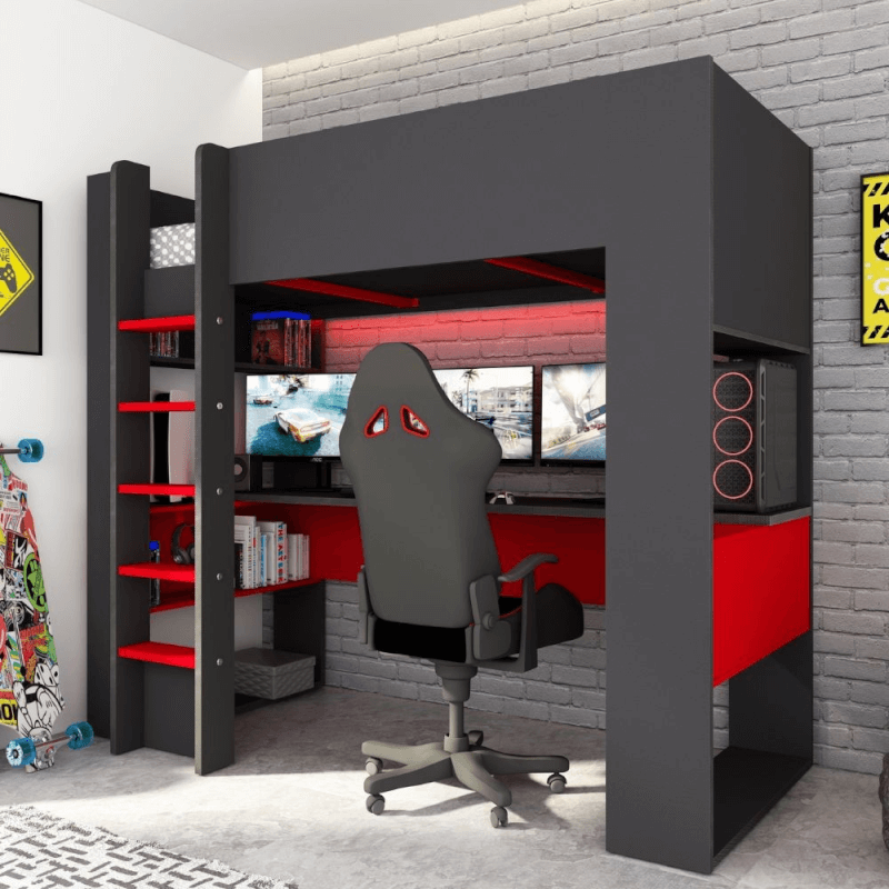 Lit superposé 5050 rouge anthracite avec bureau