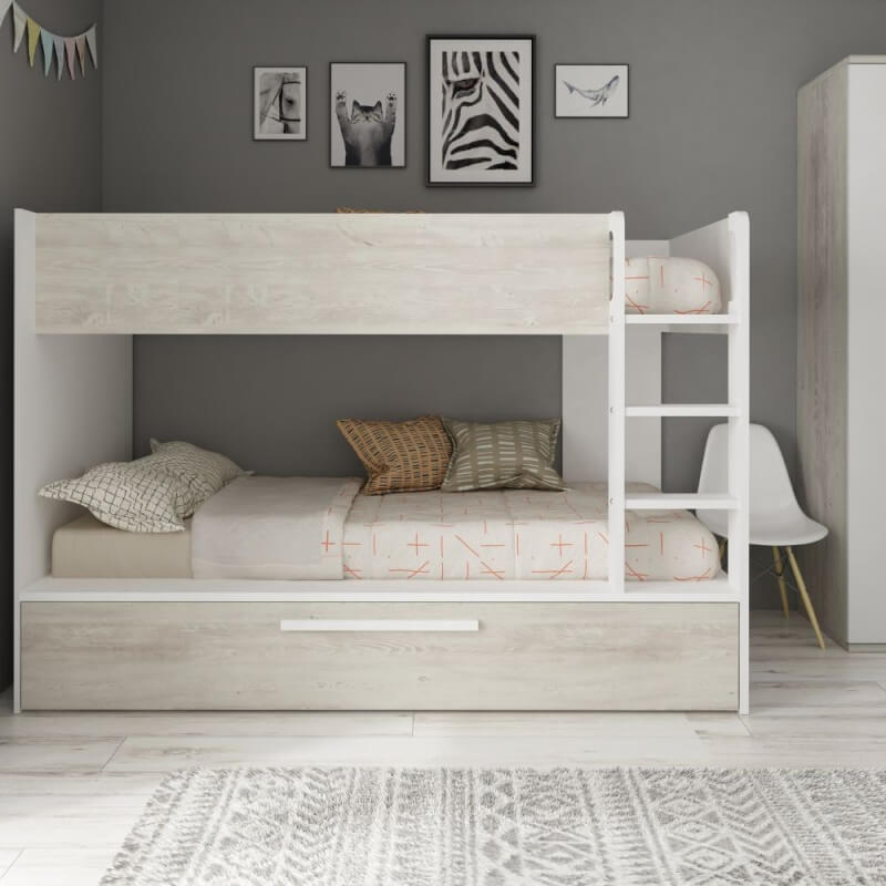 Cameretta con letto a castello con letto estraibile colore bianco consumato e bianco reversibile