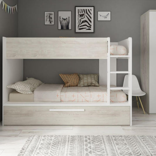 Cameretta con letto a castello con letto estraibile colore bianco consumato e bianco reversibile