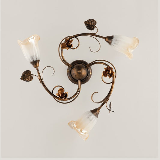 Plafonnier en fer Marron Feuilles d'Or trois lumières 58x h15 cm