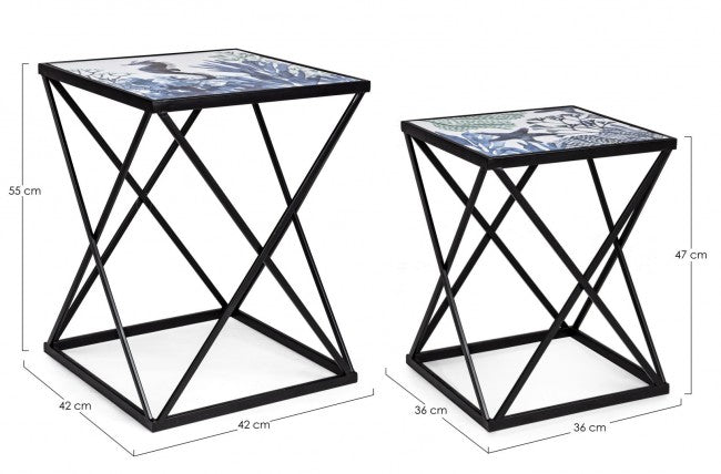 Ensemble de tables basses 2 pièces en acier noir motif marin REEF K04