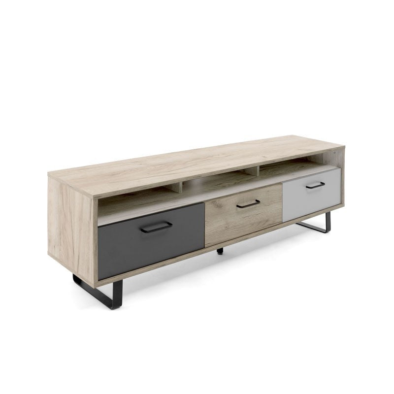 Base meuble TV avec 3 portes pliantes en chêne et gris 160x35xh.53 cm