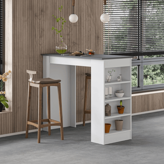 Table haute péninsule de cuisine White Swallow avec plateau anthracite