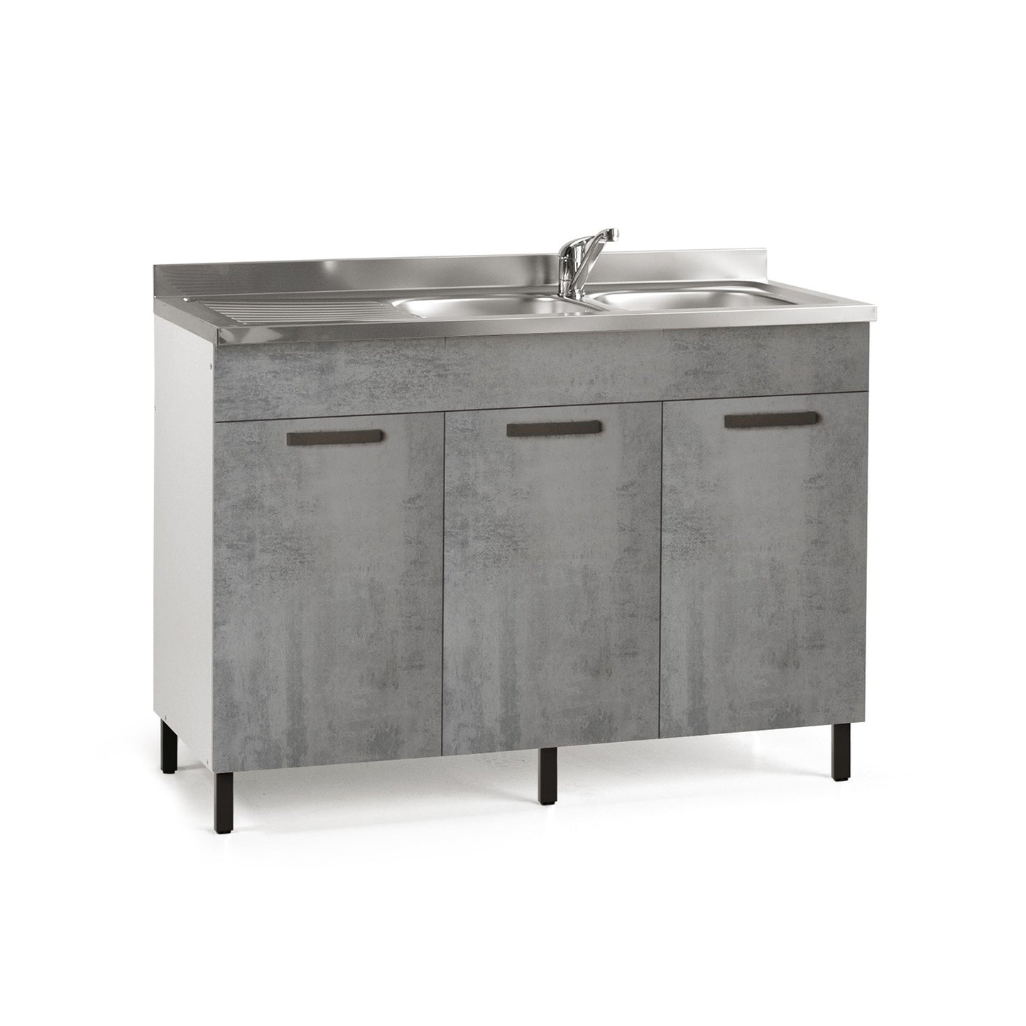 Évier de cuisine gris béton avec 3 portes réversibles 120x50xH 85 cm