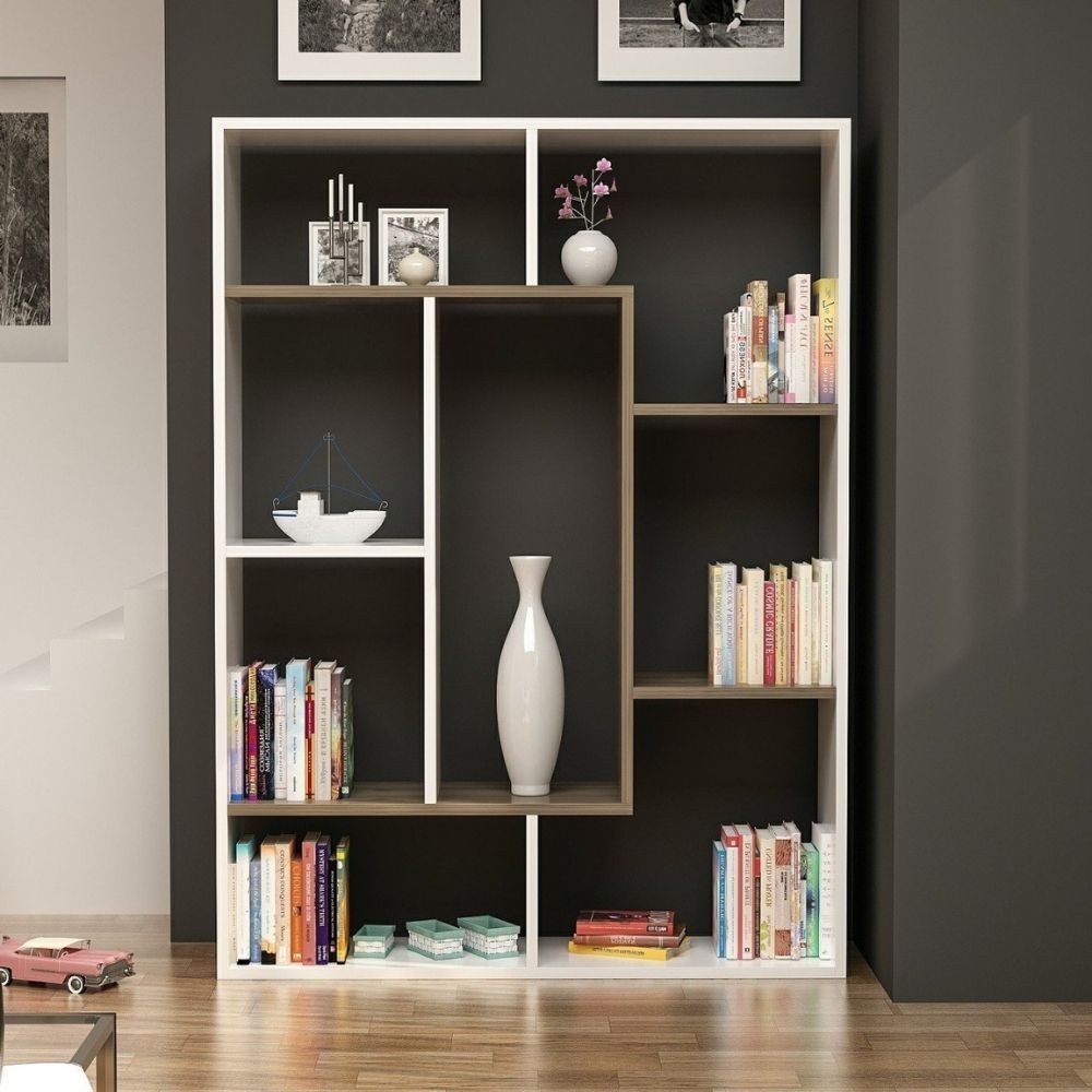 Bibliothèque Liam détail géométrique blanc noyer 100x136h
