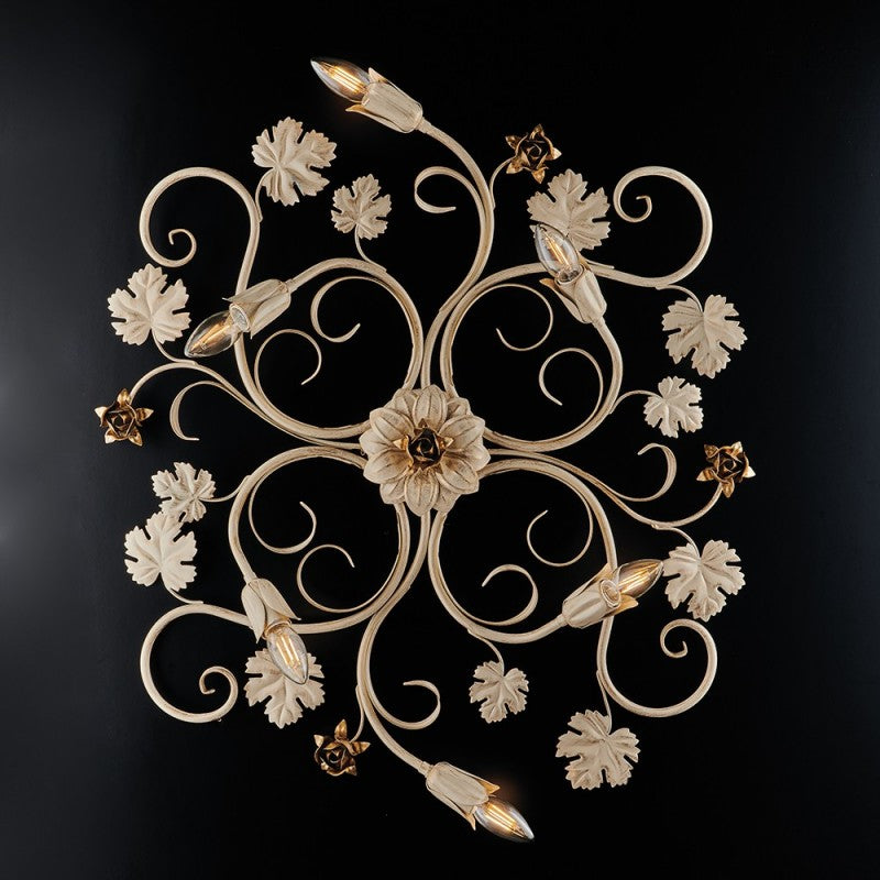Plafonnier en fer Ivoire mariné Or rose six lumières 79x67x h17 cm