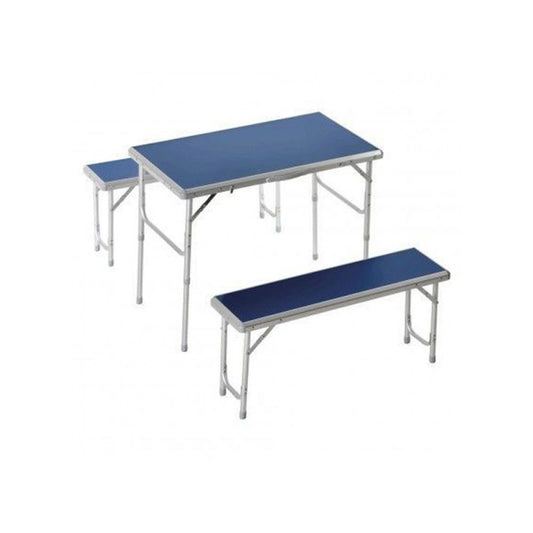 Ensemble pique-nique en aluminium et MDF, une table et deux bancs pliants dans une valise