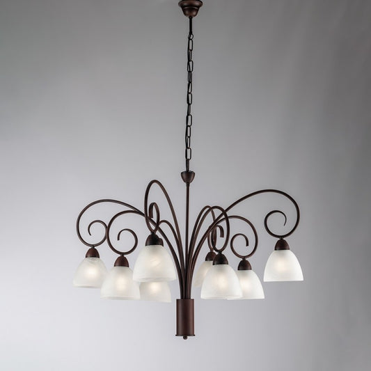 Lustre en fer noir rouille avec abat-jour en verre blanc huit lumières 81x h58 cm
