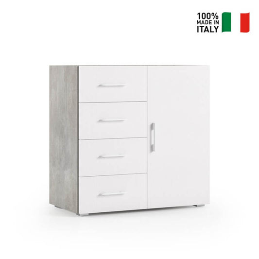 Meuble avec 4 tiroirs et porte avec guides métalliques. Dessus de conteneur en ciment avec portes blanches.