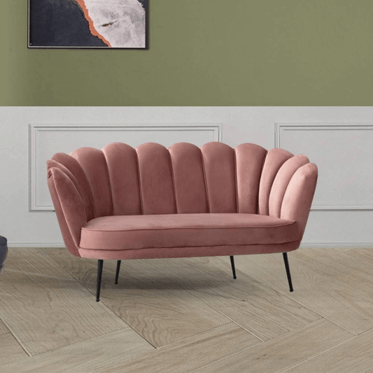 Divano Orel due posti in velluto rosa antico a conchiglia e piedi neri EFFEZ