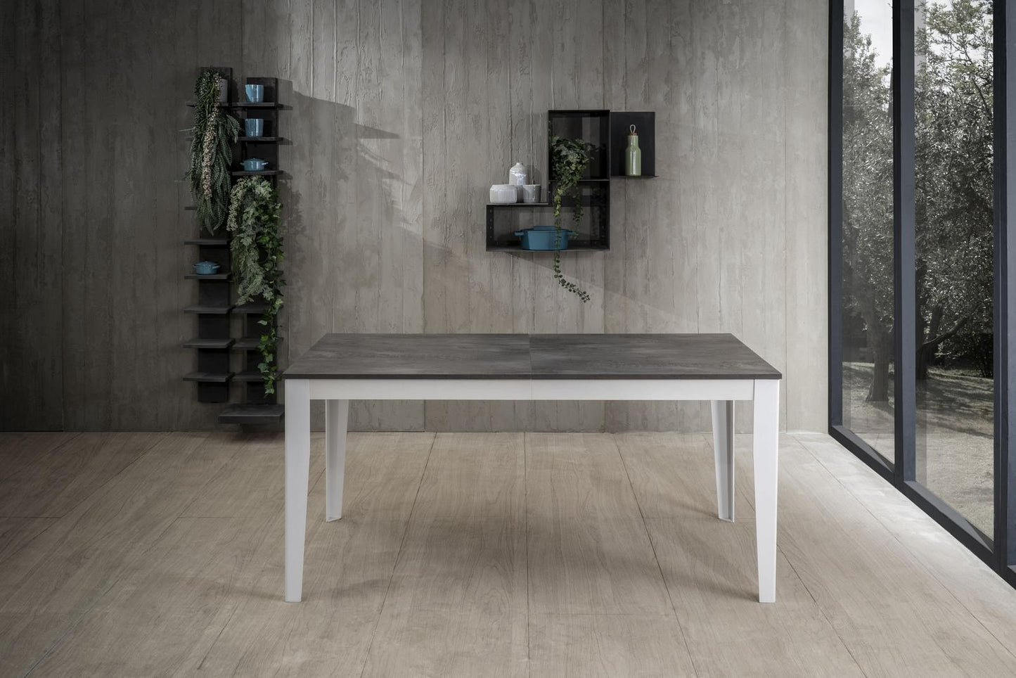 Table extensible gris métal béton blanc 80 cm x 130-290 cm H. 76 cm