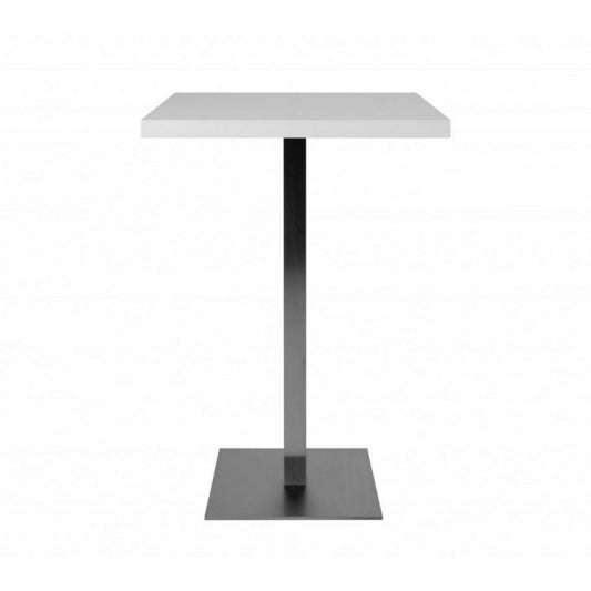 Table haute Quadrato 105 cm plateau blanc et base chromée 70x70xh.105 cm