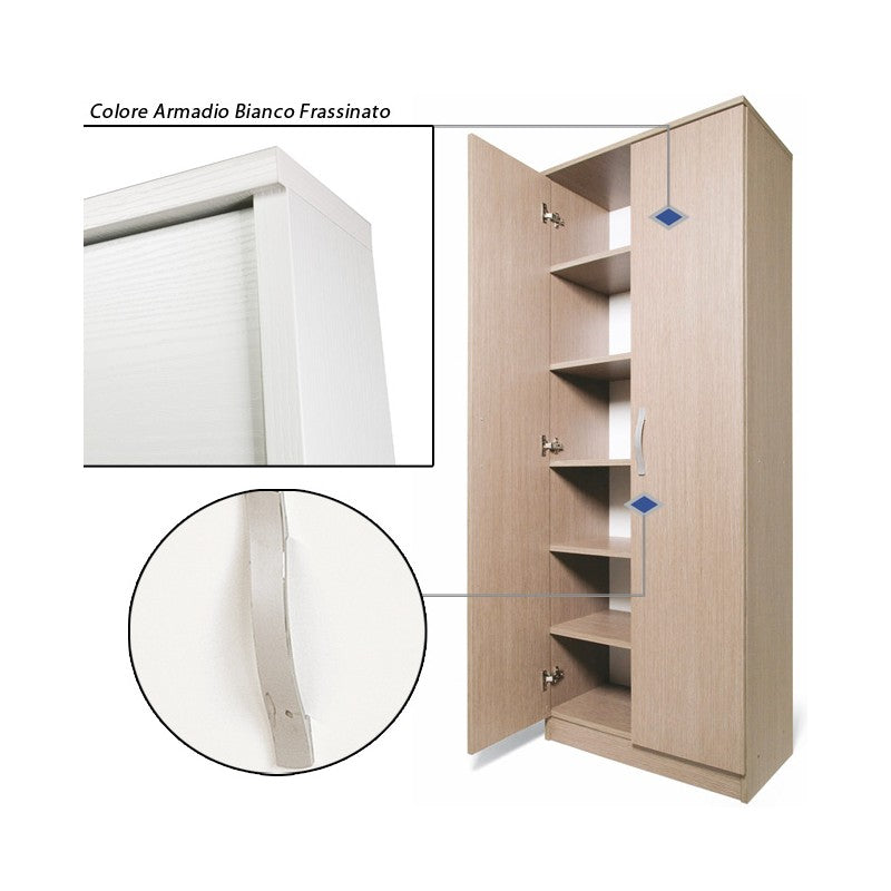 Meuble à chaussures mobile blanc avec deux portes polyvalentes et 6 étagères, 182x71x38 cm