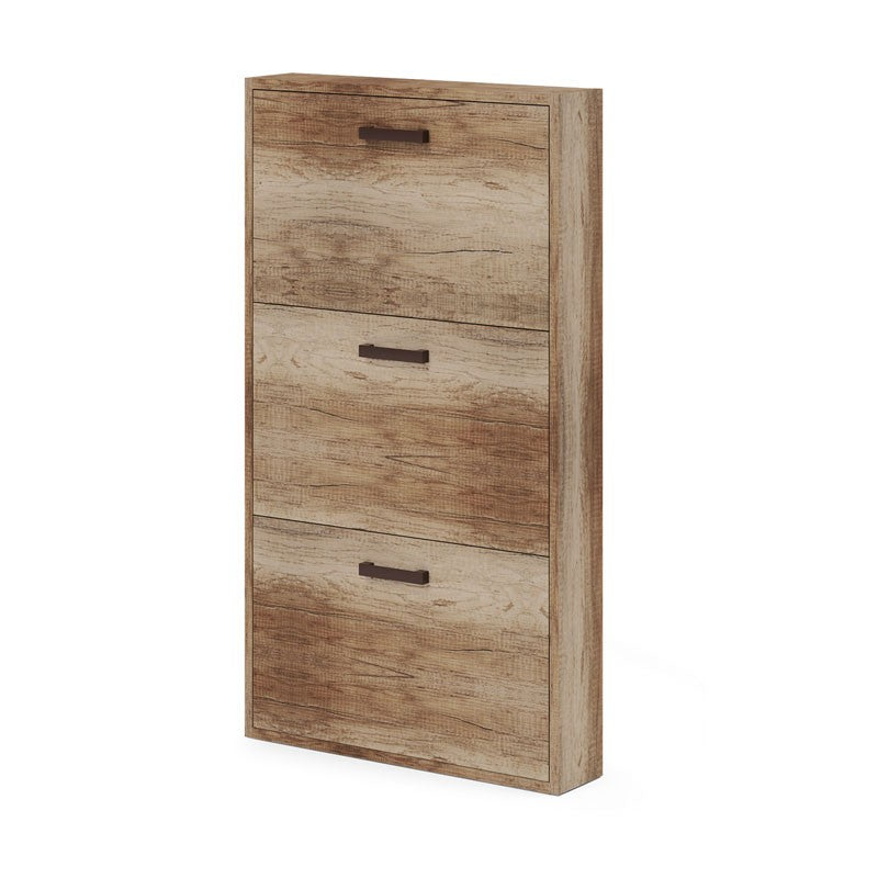 Étagère à chaussures fine en bois mélaminé avec 3 abattants Country Walnut 108x65x15 cm