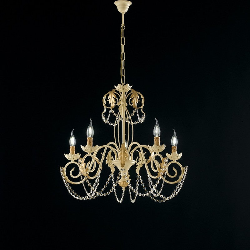 Lustre Décape Ivoire et Fer Doré avec strass damas cinq lumières 63x h65 cm