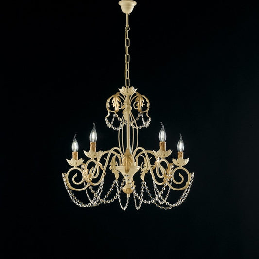 Lustre Décape Ivoire et Fer Doré avec strass damas cinq lumières 63x h65 cm