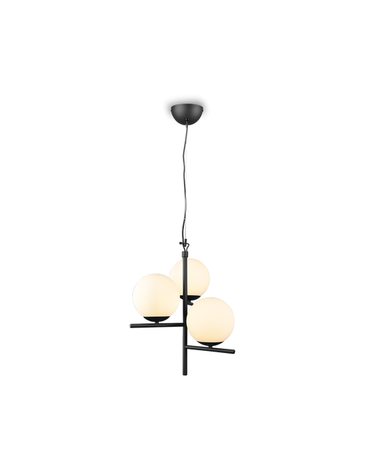 Lustre Suspension Noir 3 Sphères Verre Blanc Pure Trio Lighting