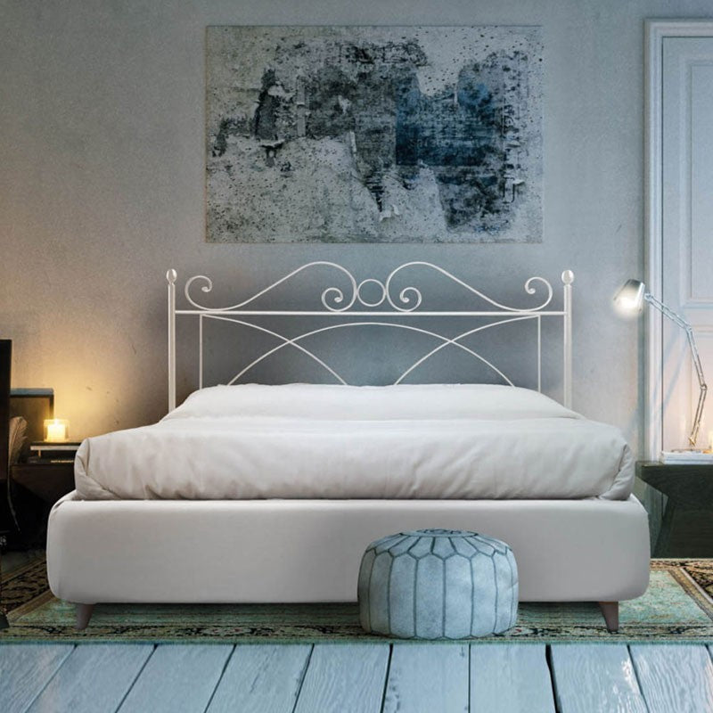 Lit double en fer avec cadre de lit en éco-cuir SABRINA Blanc 166x208x h128 cm
