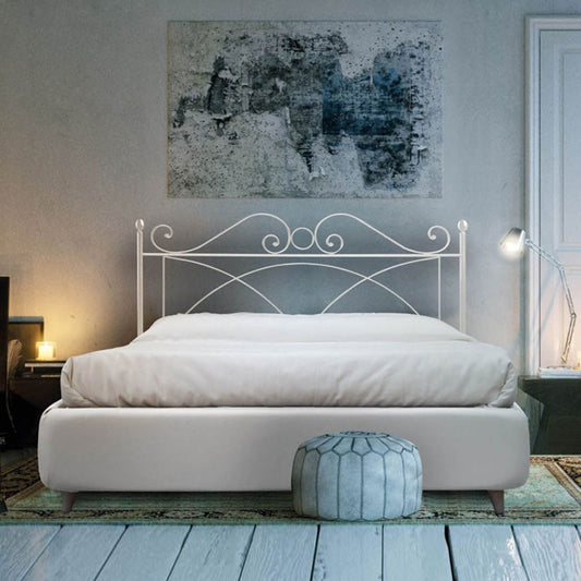 Lit double en fer avec cadre de lit en éco-cuir SABRINA Blanc 166x208x h128 cm