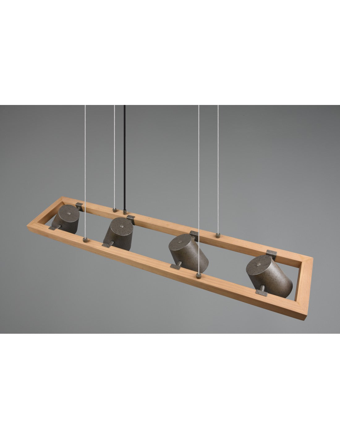 Lustre Suspension Rectangulaire 4 Spots Orientables Bois et Métal Nickel Cloche Trio Éclairage