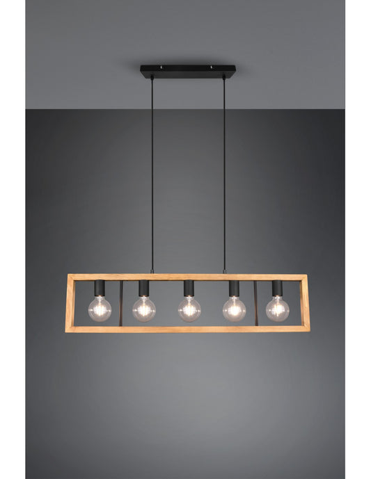 Lustre Cage Rectangulaire Agra en Bois 5 Lumières Bois Naturel et Éclairage Trio Noir