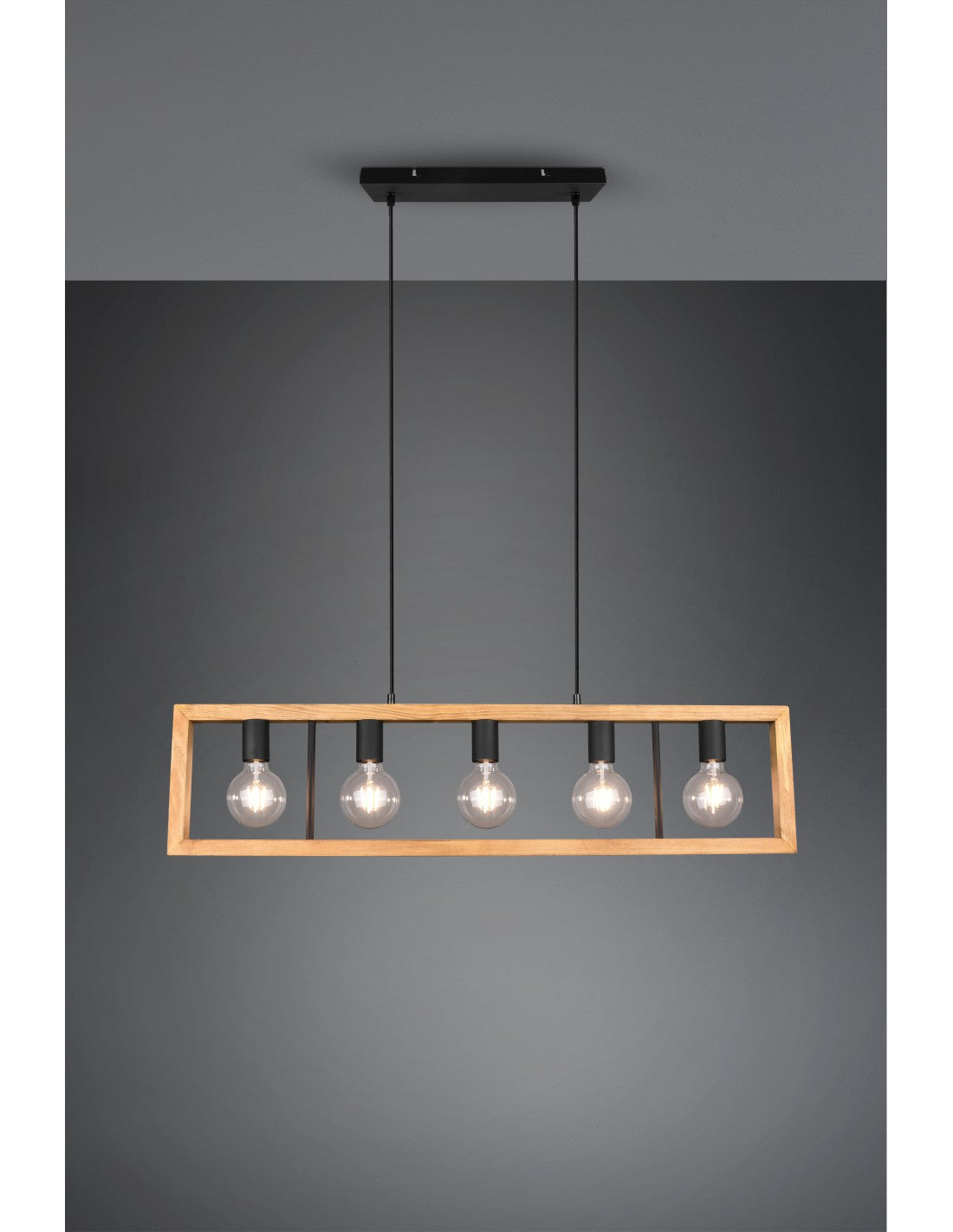 Lustre Cage Rectangulaire Agra en Bois 5 Lumières Bois Naturel et Éclairage Trio Noir