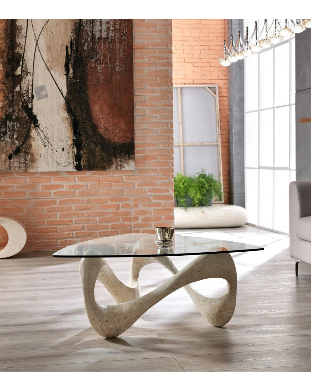 Table basse beige transparent 100 cm x 100 cm H. 42,5 cm