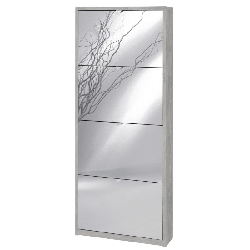 Étagère à chaussures fine et peu encombrante avec quatre portes miroir Beton Cemento 63x18x h154 cm