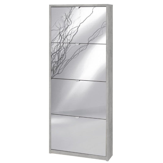 Étagère à chaussures fine et peu encombrante avec quatre portes miroir Beton Cemento 63x18x h154 cm