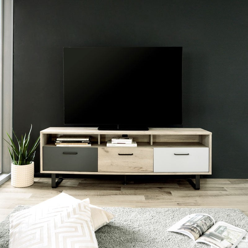 Base meuble TV avec 3 portes pliantes en chêne et gris 160x35xh.53 cm