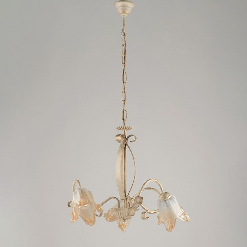 Lustre de cuisine en fer Ivoire Or à trois lumières et abat-jour Ambre 51x h43 cm