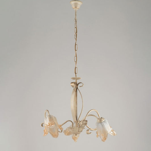 Lustre de cuisine en fer Ivoire Or à trois lumières et abat-jour Ambre 51x h43 cm