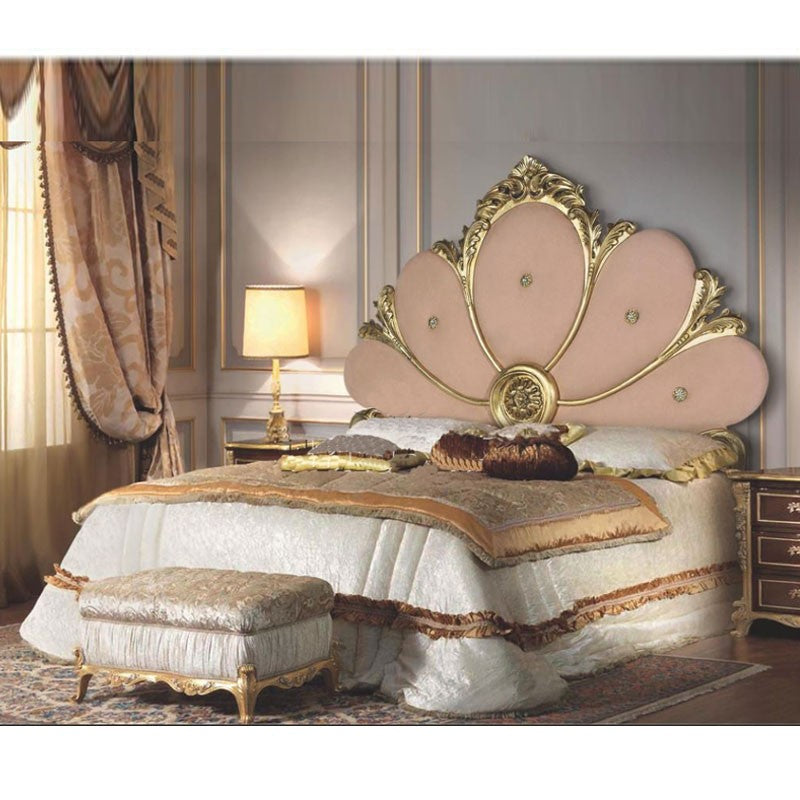 Lit double avec conteneur avec tête de lit sculptée à la feuille d'or 180x202xh.170 cm