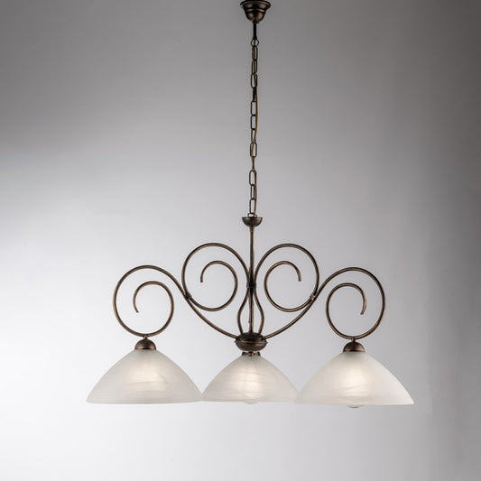 Lustre en fer marron doré trois lumières abat-jour en verre albâtre blanc 78x h54 cm